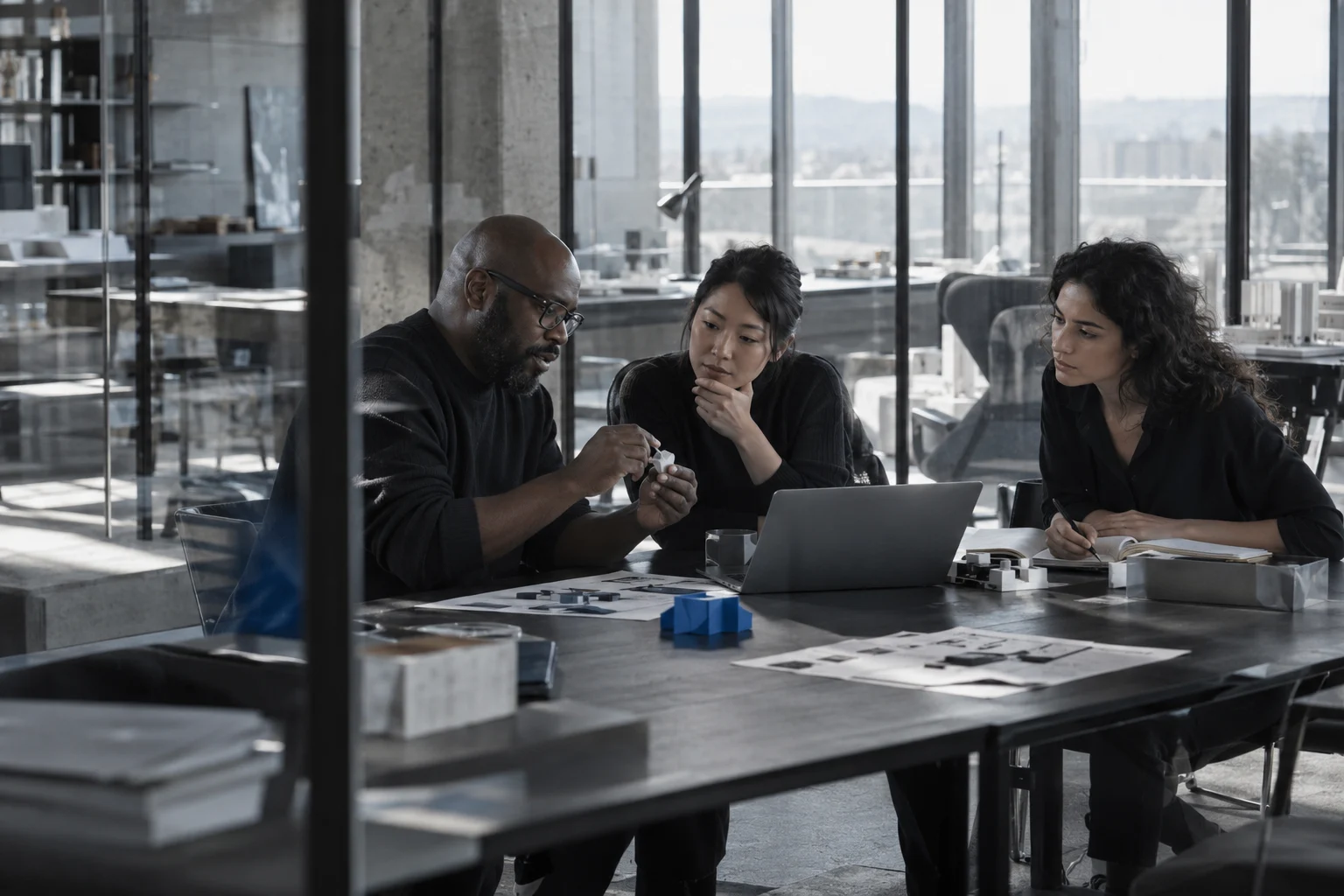 Professionals sharing ideas around a worktable in a naturally lit research studio.
