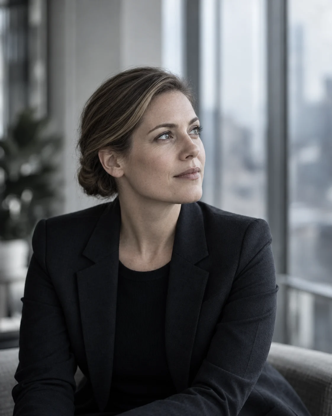 An attentive professional in profile, photographed in soft light beside architectural glass.